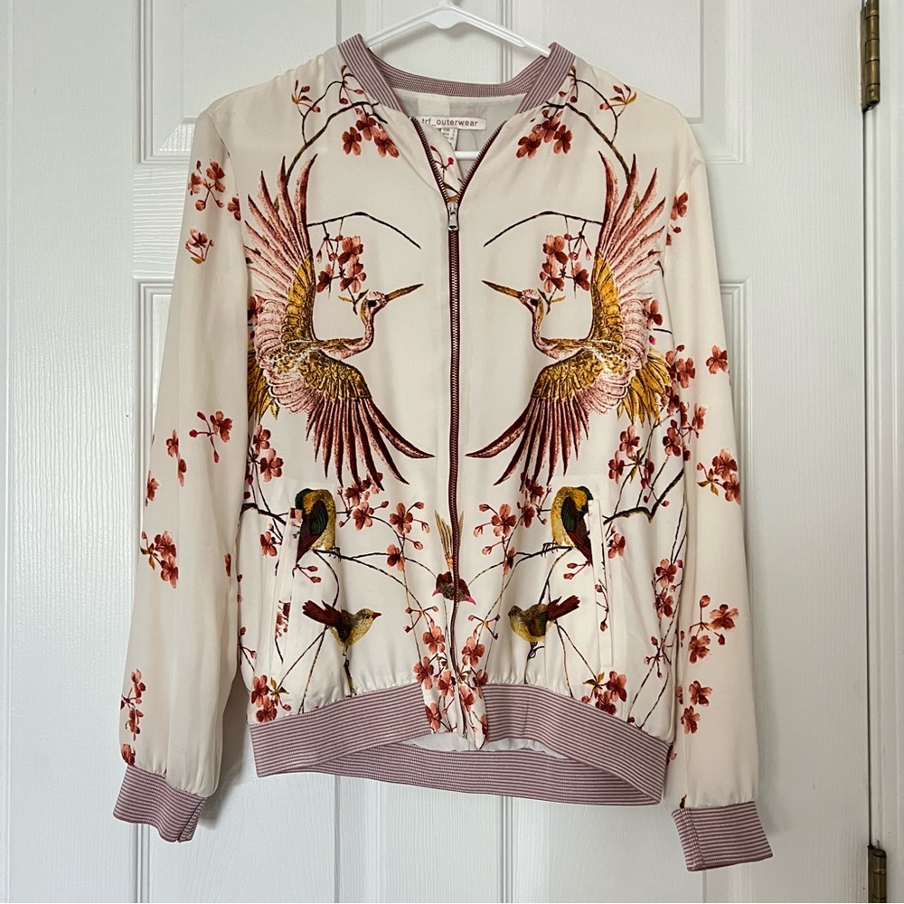 Zara Cream Bomber Jacket with Pink Trim and Bird Embroidery